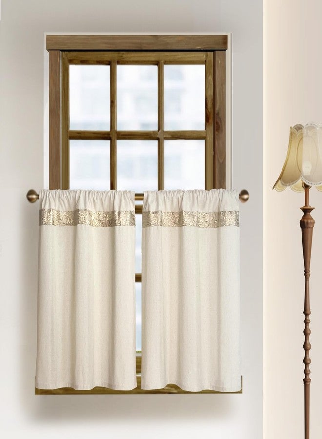 Oindec Cotton Linen Kitchen Curtains with Shimmering Gold Embroidered Strip Modern Elegant 24 inches Neutral Farmhouse Short Curtain for Windows Treatment Tiers - Image 1